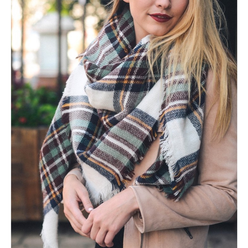 Brown & White Plaid Blanket Scarve